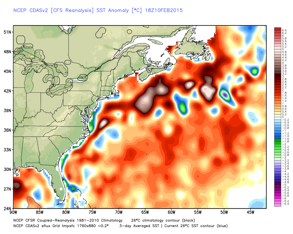 From WX Bell. Click for LARGE version. These are anomalies showing above and below normal water temps.