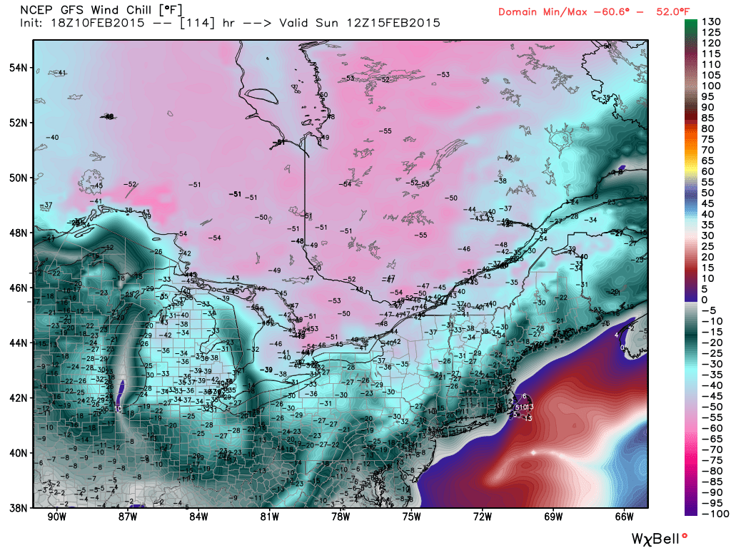 Wind chills along the U.S.Canada border are forecasted at -50F Sunday! Below zero wind chills are likely into North Carolina and Kentucky.