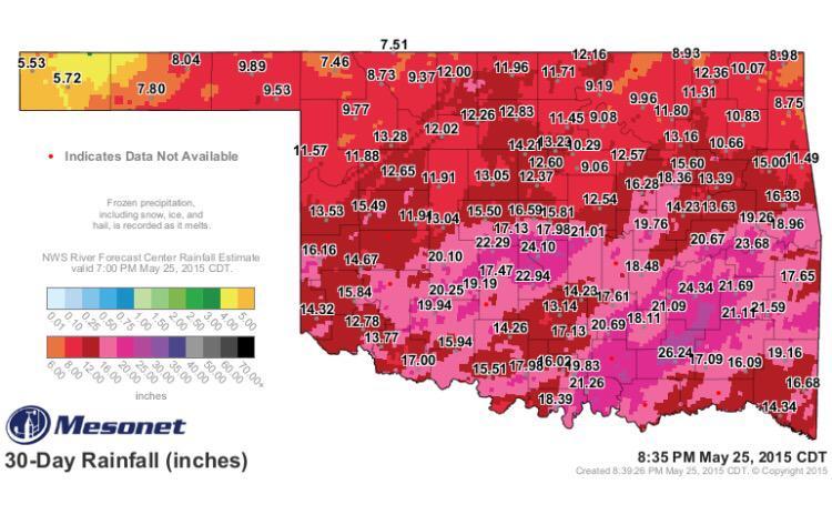 Rainfall in the last 30 days from the Oklahoma Mesonet. Some areas have   exceeded two feet!