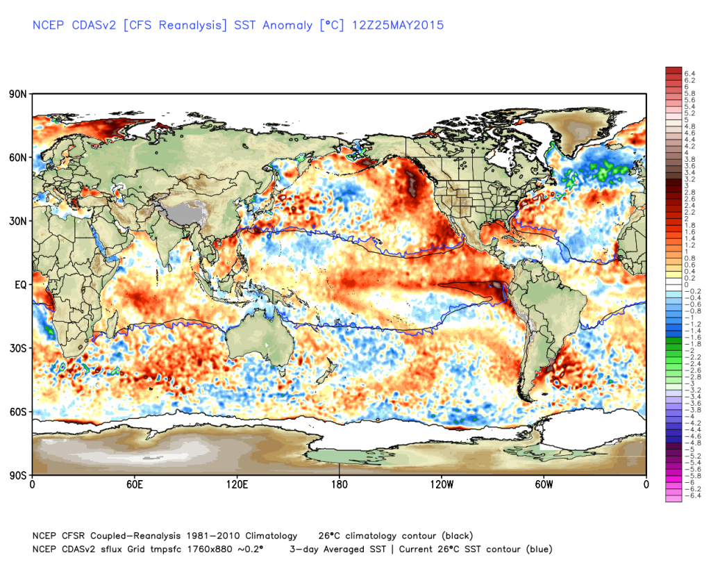 From Weatherbell. Current sea surface temp. anomalies.
