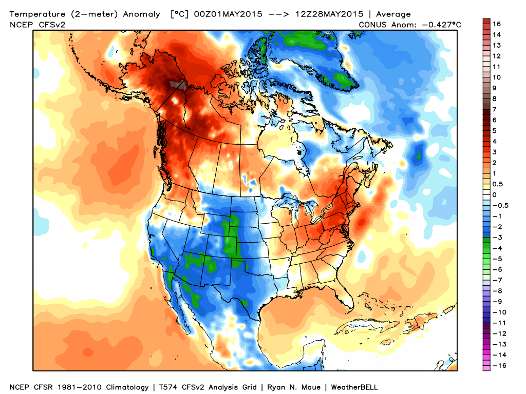 Temperature anomalies for May 2015 through the 27th. The extreme warmth over Alaska is clearly visible.