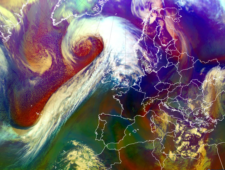 Using an imager that can see i visible and many IR wavelengths allows some amazingly useful imagery to be produced. From Eumetsat.