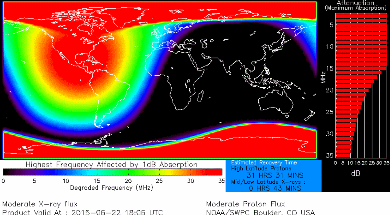 From NOAA SWPC. A major radio blackout is underway, especially over the Polar regions from a coronal mass ejection that hit Earth Monday afternoon.