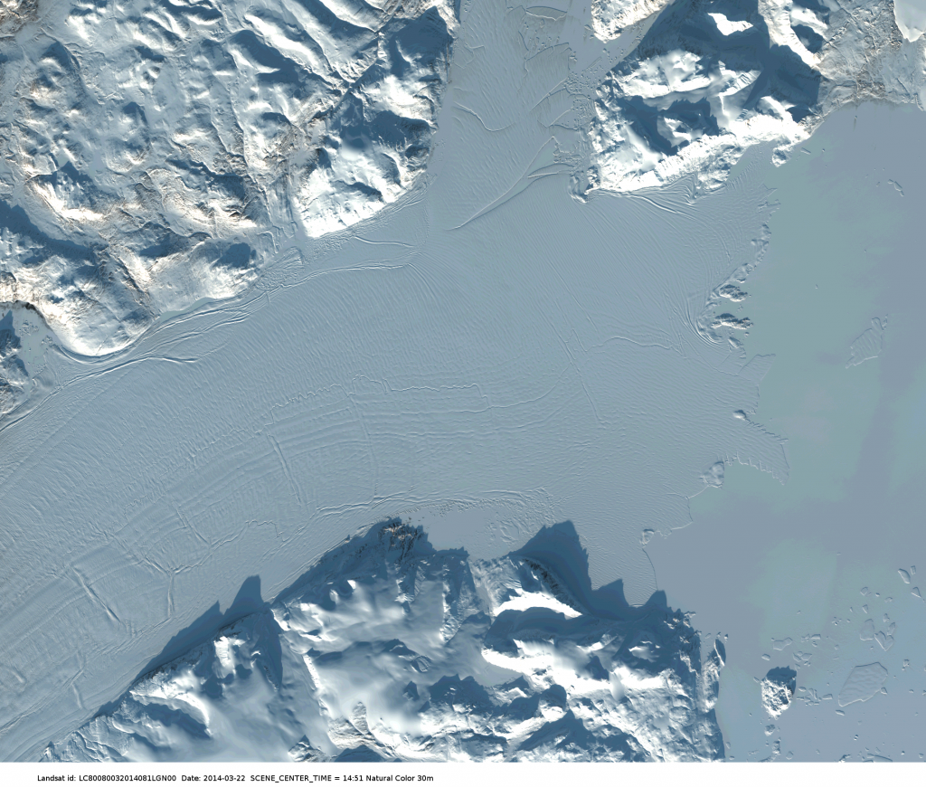 Floating section of 79N Glacier in north-east Greenland as seen from LandSat in march 2014.