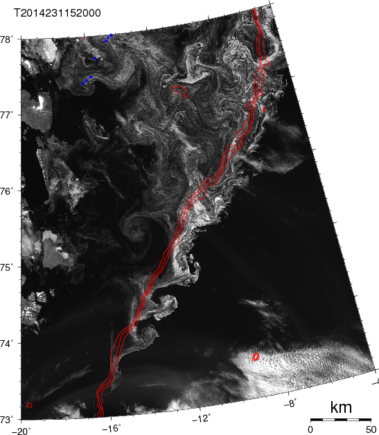 Satellite image ocean current instabilities on Aug.-19, 2014 as traced by ice along the the shelf break, red lines show 500, 750, and 1000 meter water depth. Small blue triangles top left are ocean moorings.