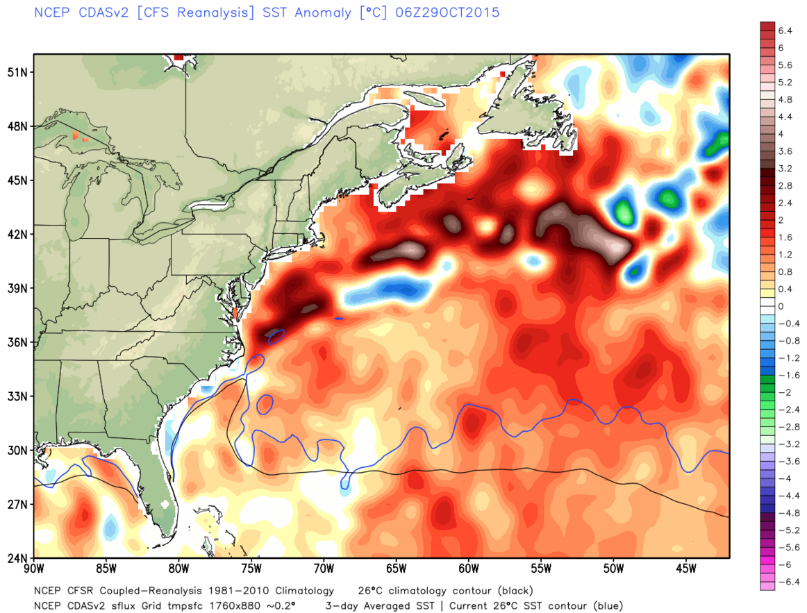 Look how warm the ocean is over the Northeast U.S. and Maritime Canada. Image from WX Bell.