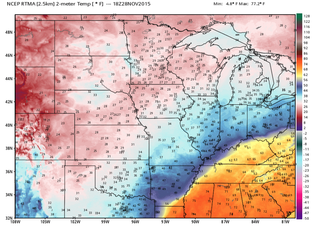 Wx bell image showing temps. in F. at 1 PM Saturday.