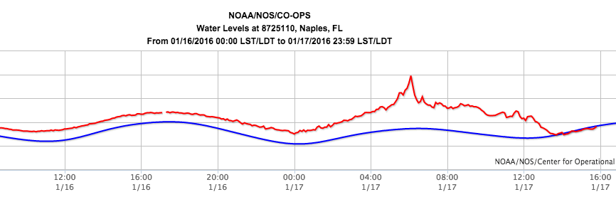 From NOAA/NOS. Note the peak in water level early this morning.