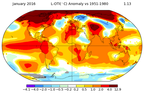 January was the hottest month on record globally. NASA GISS image.