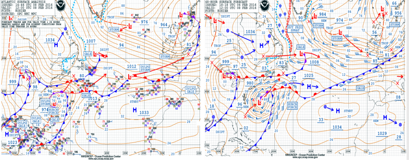 On the left the surface chart for early Monday showing the intense storm. On the right the 48 hour forecast from NOAA's Ocean Prediction Center made TWO days before. Click to enlargify.