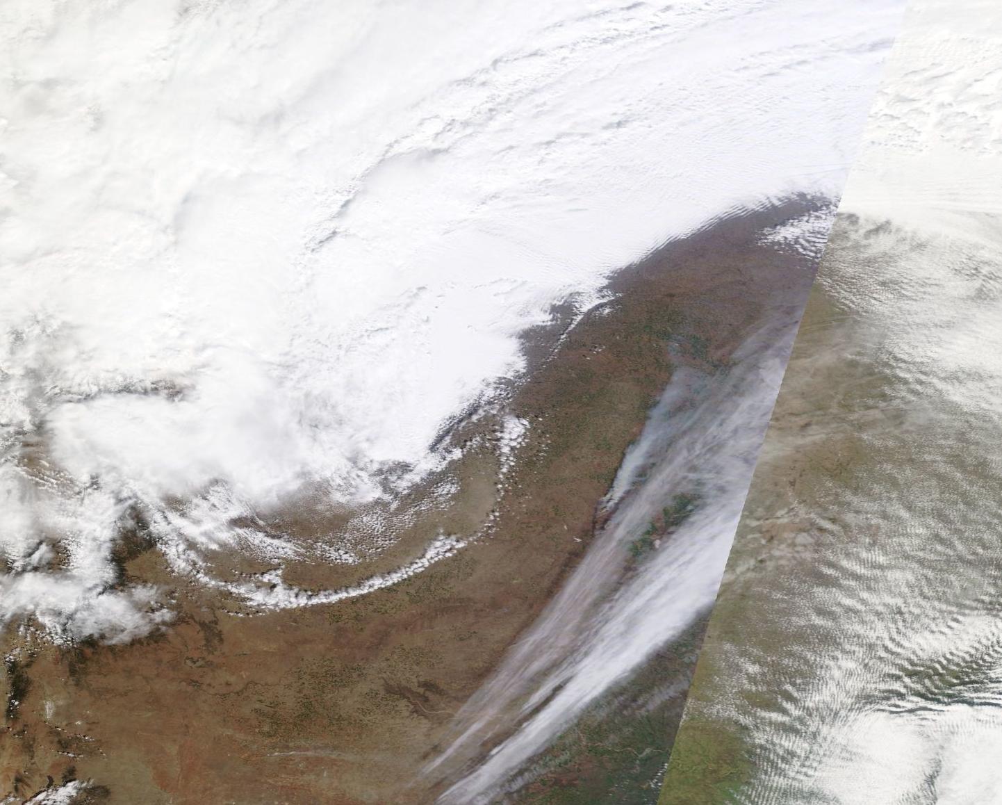 NASA Aqua Satellite image from midday Wed. Note the smoke plumes from large grass fires in KS.
