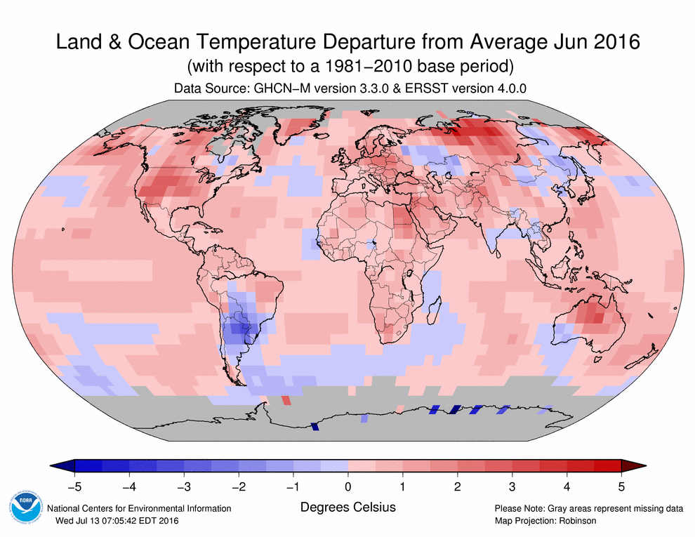 June 2016 was the htotest June on record in NOAA's 137 year data base. The global oceans were also the warmest on record.