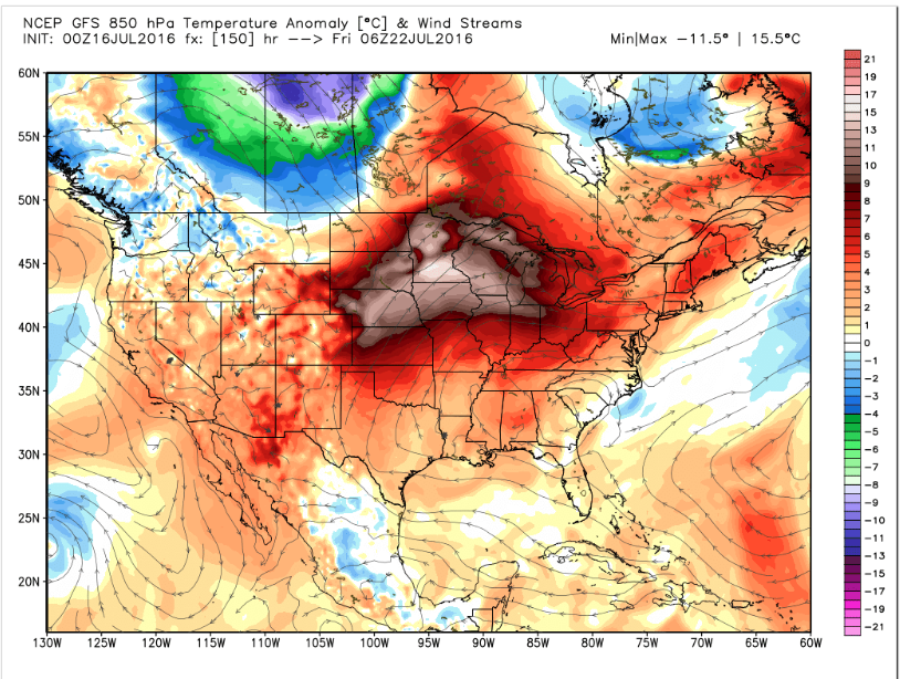 The NOAA GFS Model is predicting temps. as much as 15C above normal by late Thursday across Minnesota into the Great Lakes and as much as 10C farther west into Nebraska and KS.