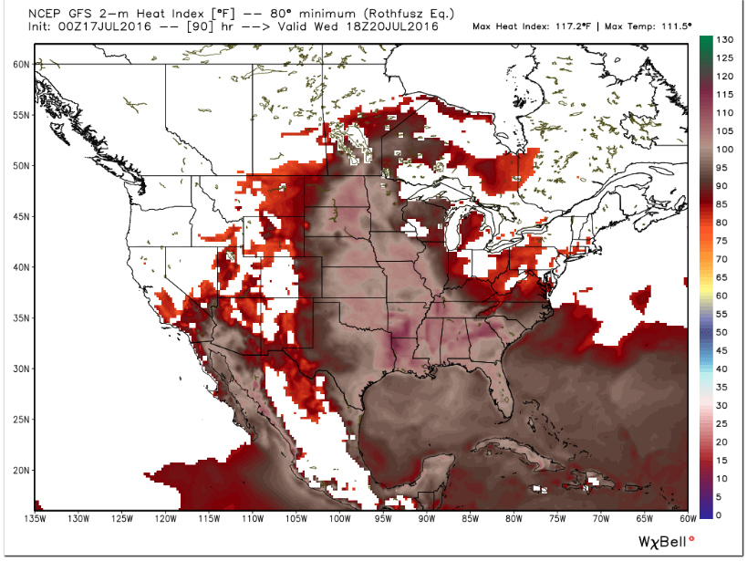 Heat index values of over 104F are expected by Wed. as far north as the Canadian Border.
