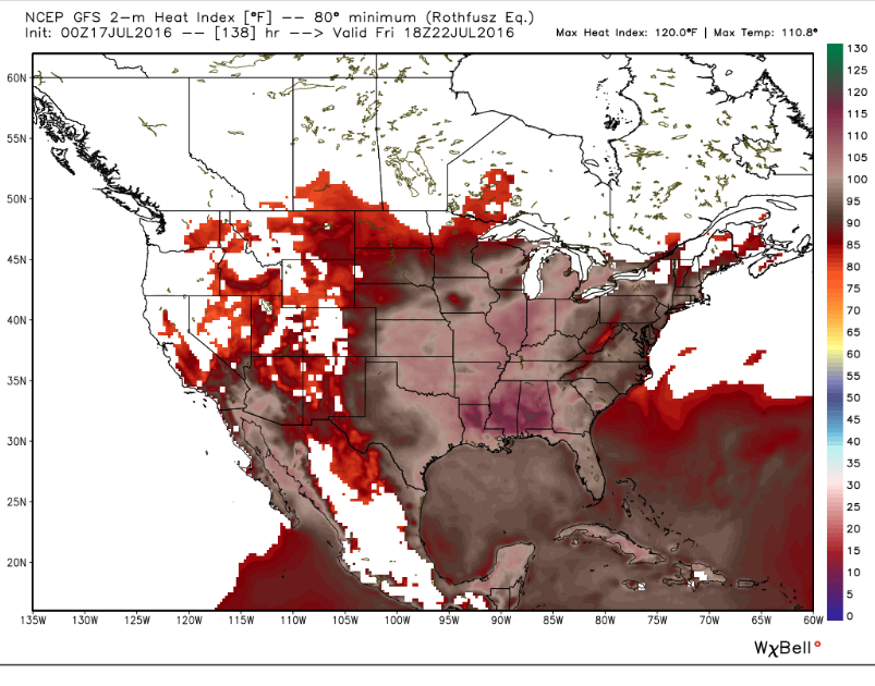 Heat index values near 105 as far north as Mass. are expected by Friday. (This is the NOAA GFS model). 