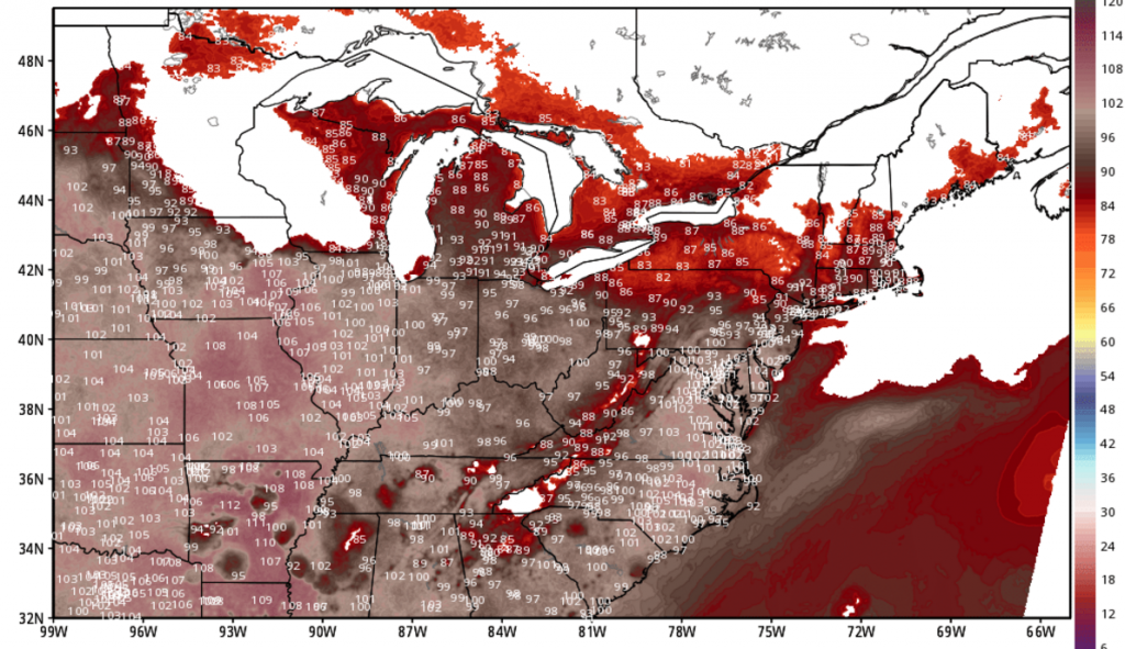 Extreme heat and very high water vapor content in the atmosphere pushed the heat index to brutal levlels across much of the Eastern half of the U.S. Satuyrday afternoon.
