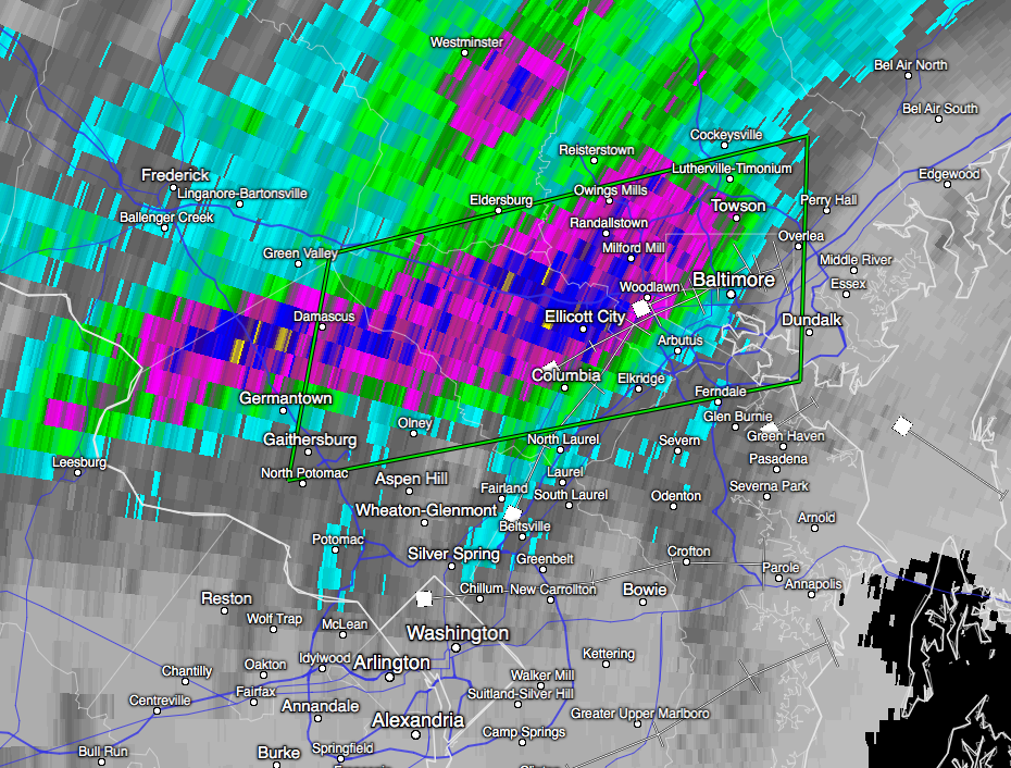 Radar estimated rainfall Saturday night near Baltimore.