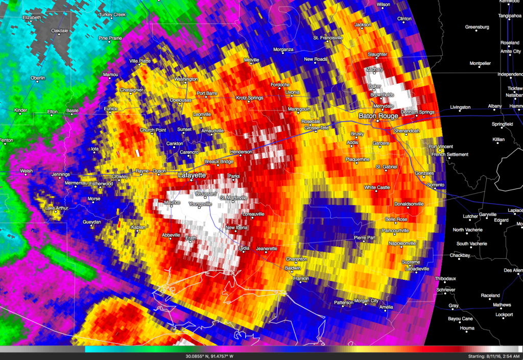 Rainfall estimate from the Lake Charles Doppler (NEXRAD). White areas are over 20 inches. Local rain gauges show some areas had even more.