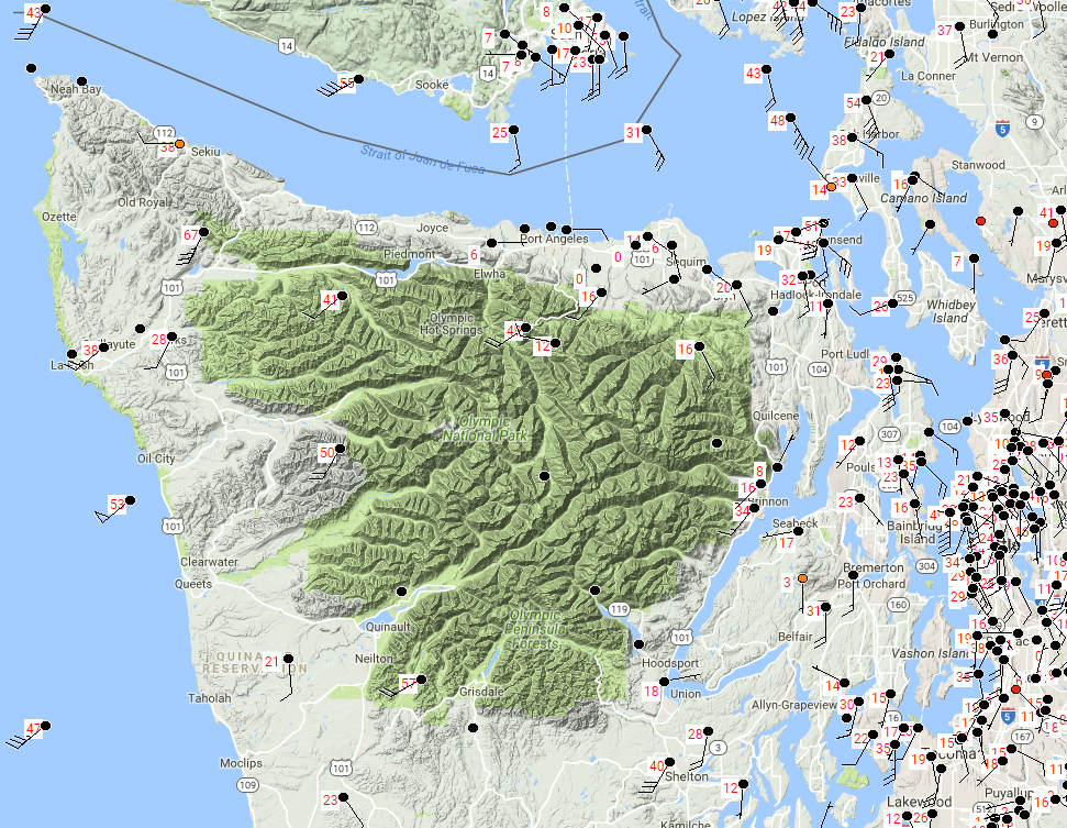 Winds are really howliong tonight in the Pugert sound and are even higher in Olympic Nat. Park and along the coast of Washignton down to Astoria Oregon. An even stronger storm will track up the coast of Oregon and Wash. tomorrow.